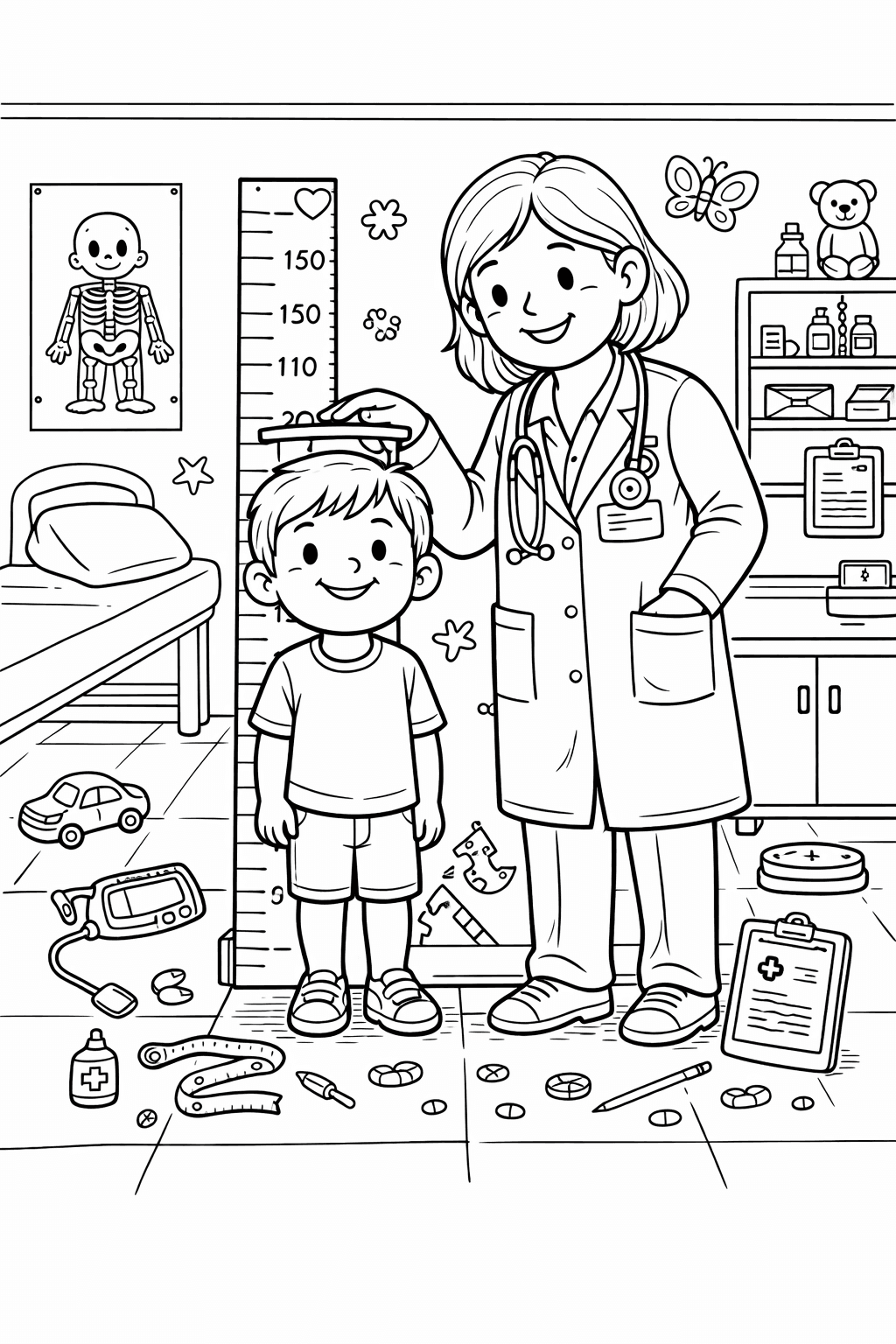 Ärztin misst Größe eines Jungen - Ausmalbild