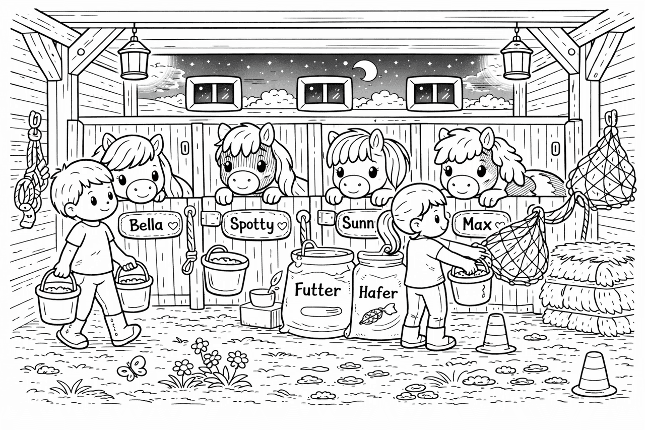 Abendfütterung Ponystall - Ausmalbild