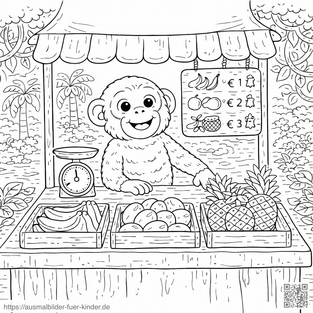 Affe am tropischen Obststand - Ausmalbild