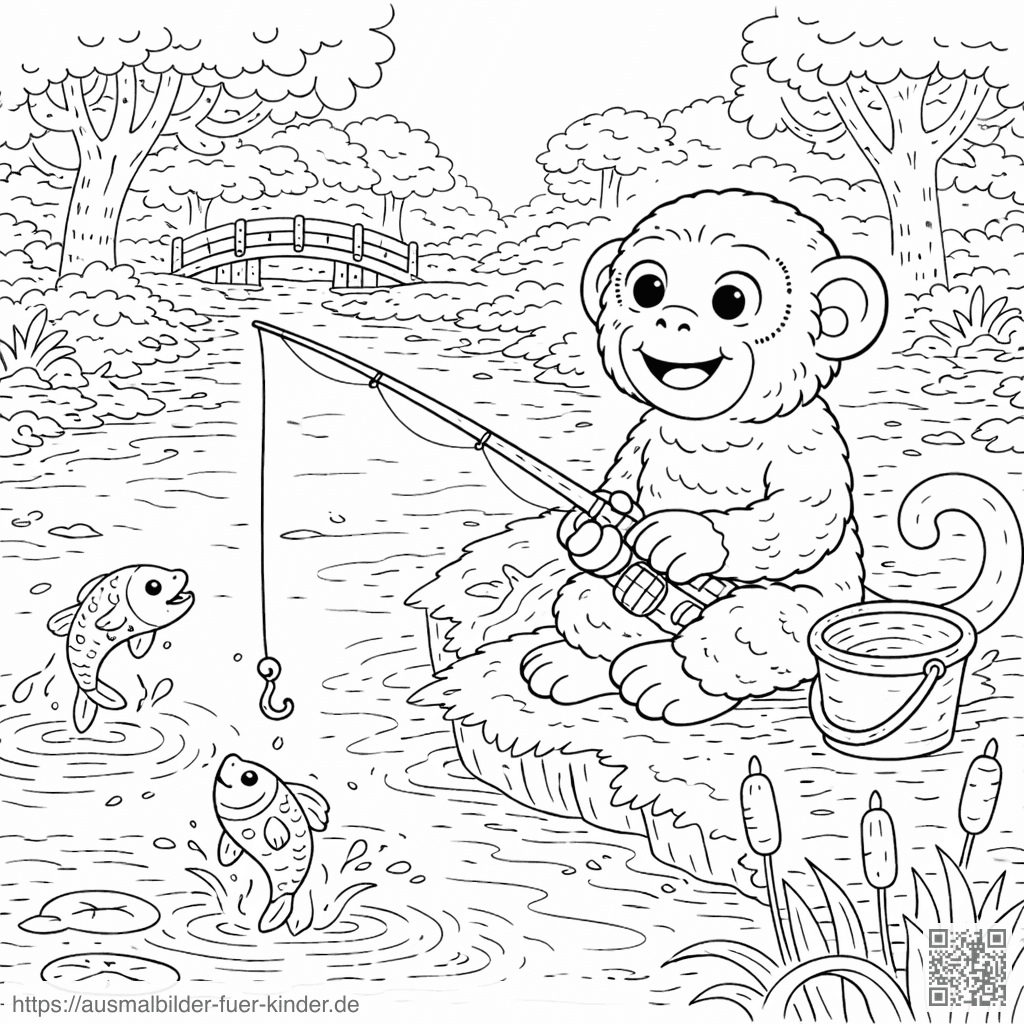 Affe angelt am Flussufer - Ausmalbild