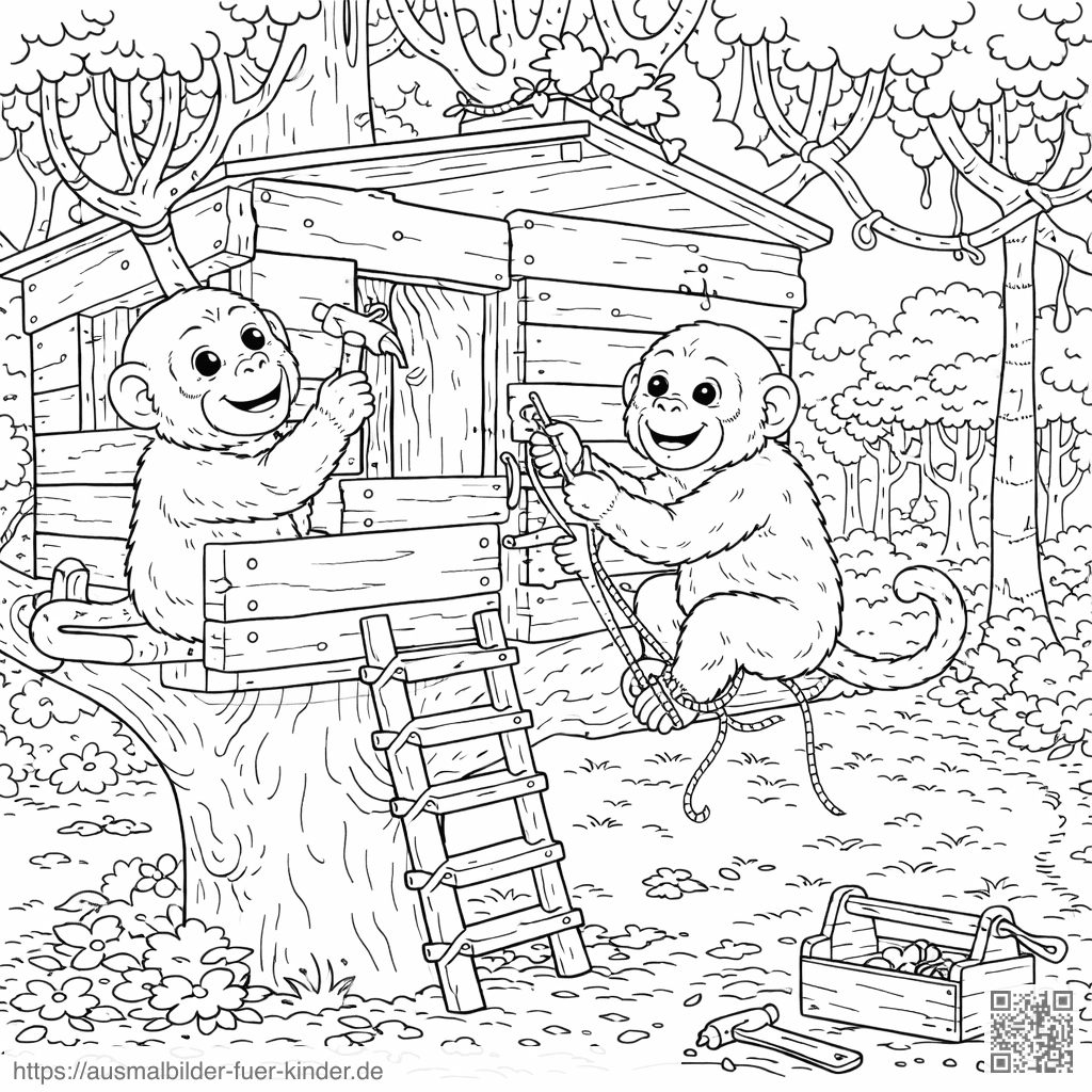 Affen bauen ein Baumhaus zusammen - Ausmalbild