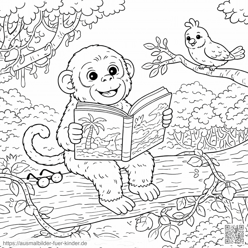 Affe liest ein Bilderbuch im Baum - Ausmalbild