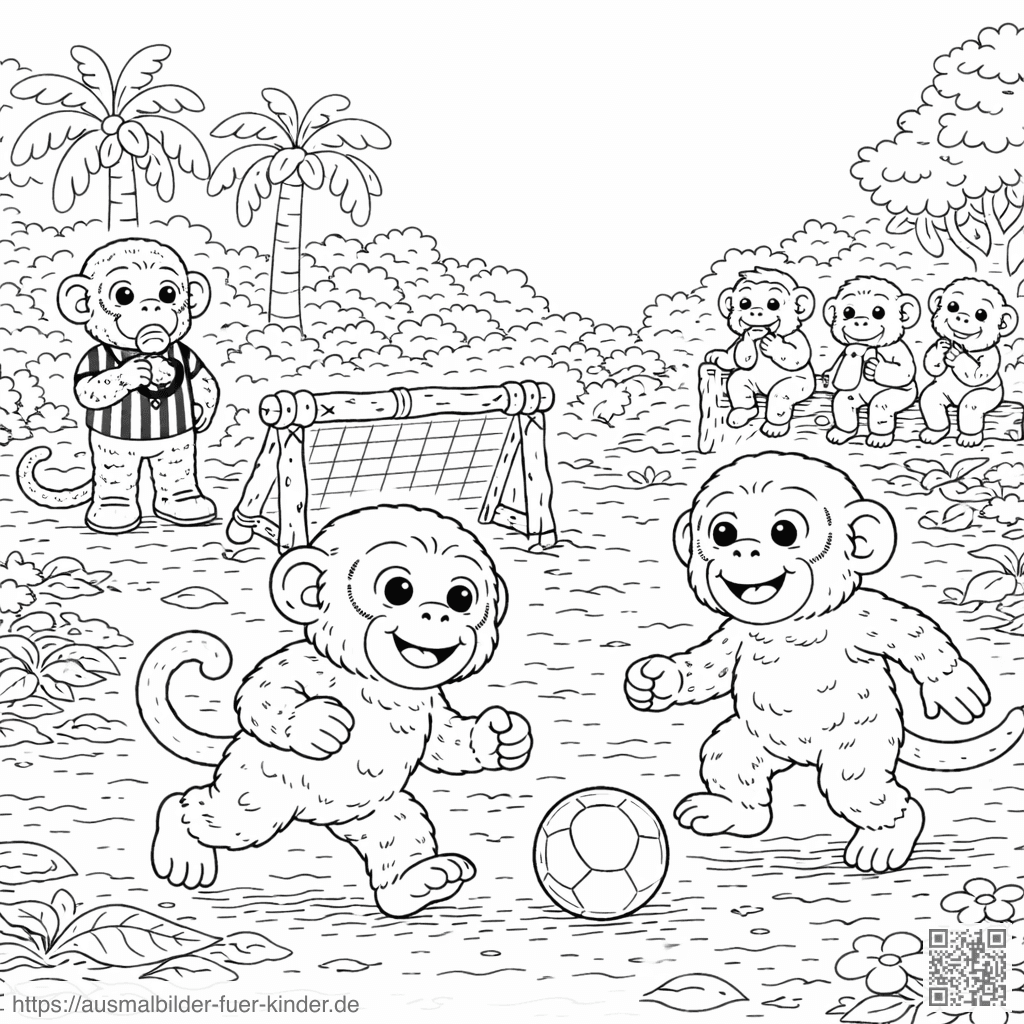 Affen spielen Fußball im Dschungel - Ausmalbild