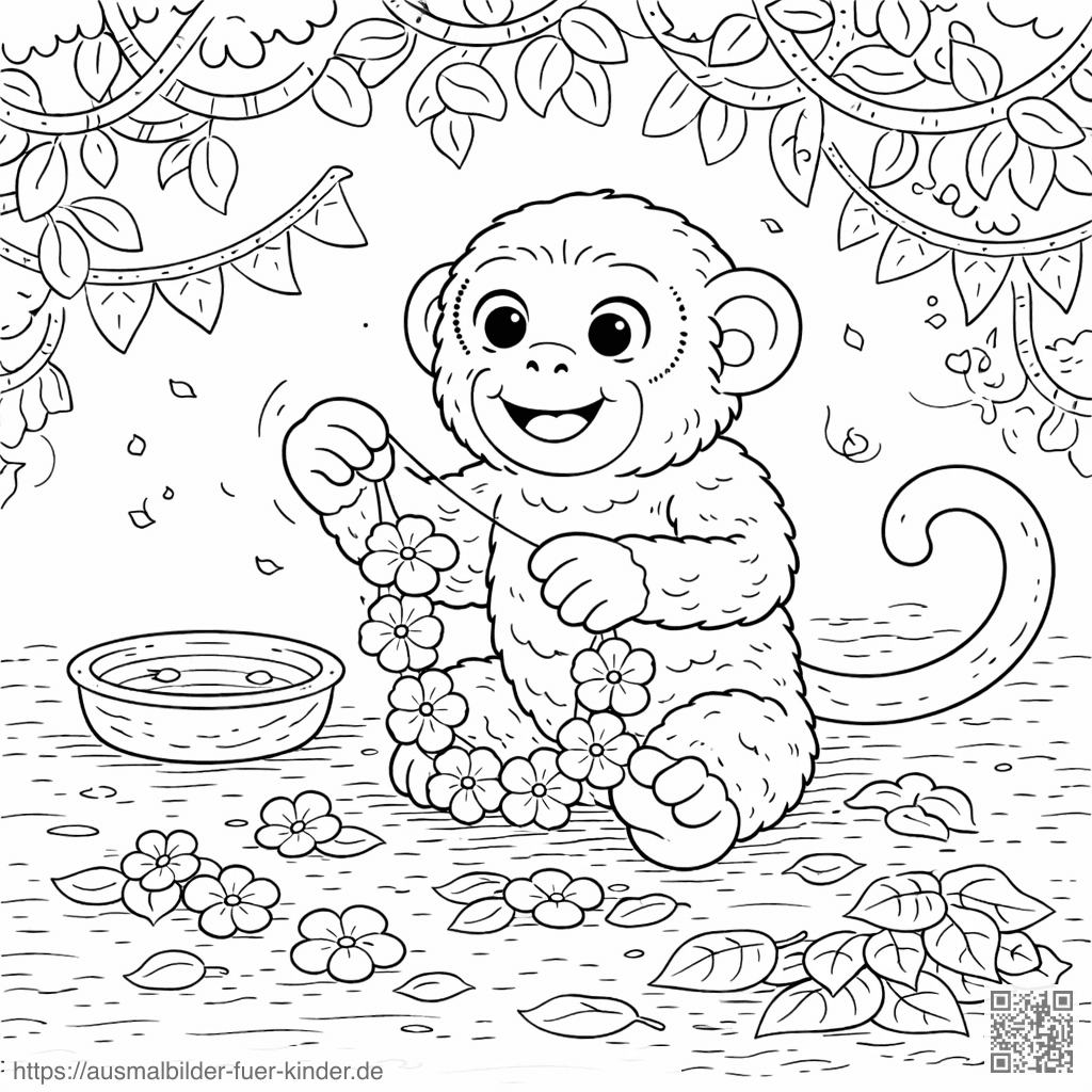 Affe stellt Blumenkranz her - Ausmalbild