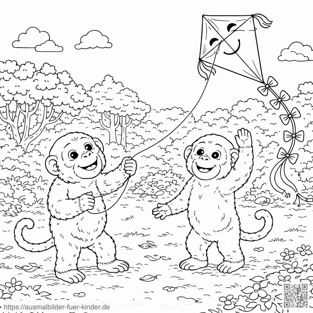 Affe und Drachen im Wald - Ausmalbild