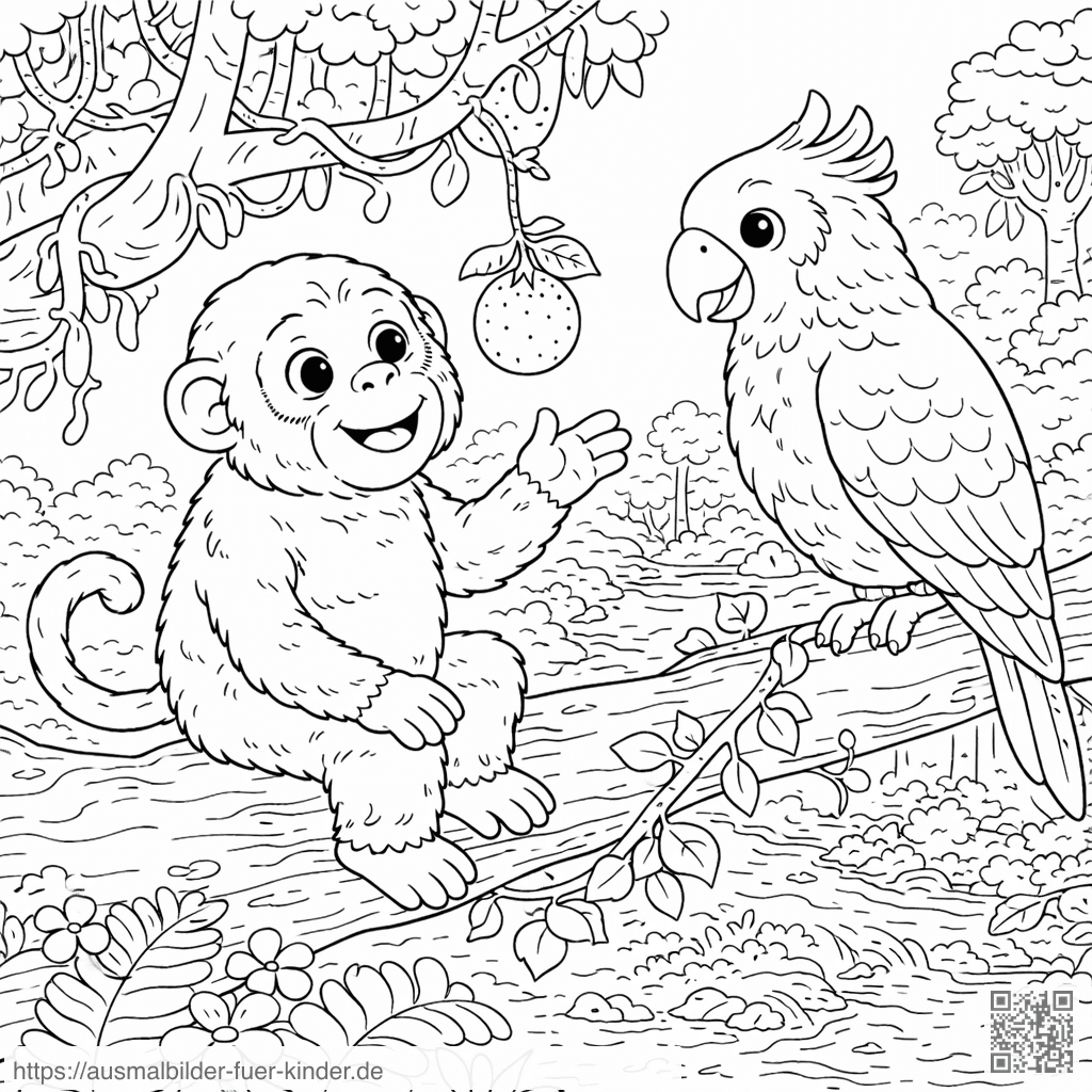 Affe und Papagei im Dschungel - Ausmalbild