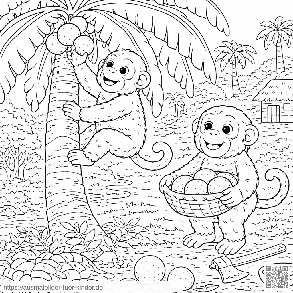 Affen bei der Kokosnussernte - Ausmalbild