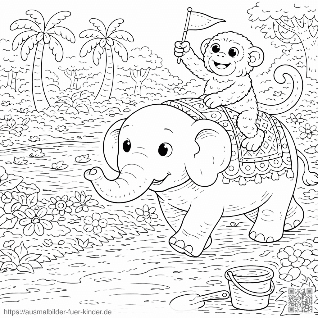 Elefant und Affe auf Dschungelpfad - Ausmalbild