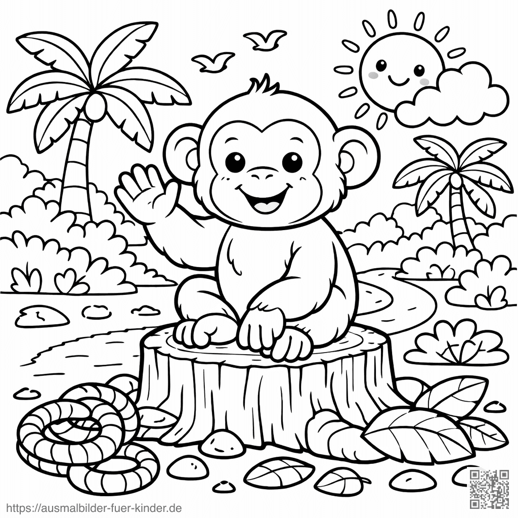 Fröhlicher Schimpanse im Dschungel - Ausmalbild