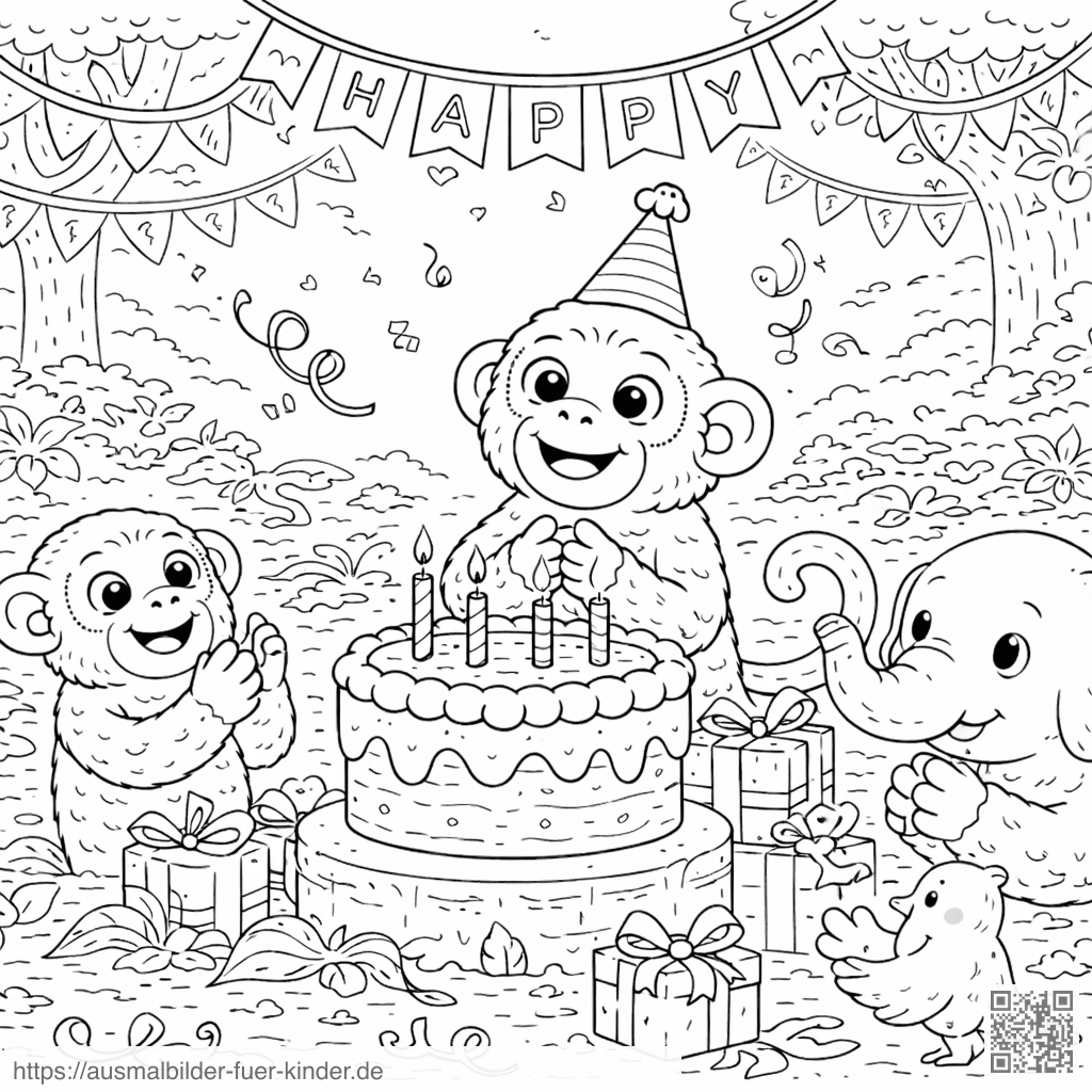 Geburtstagsfeier im Dschungel - Ausmalbild