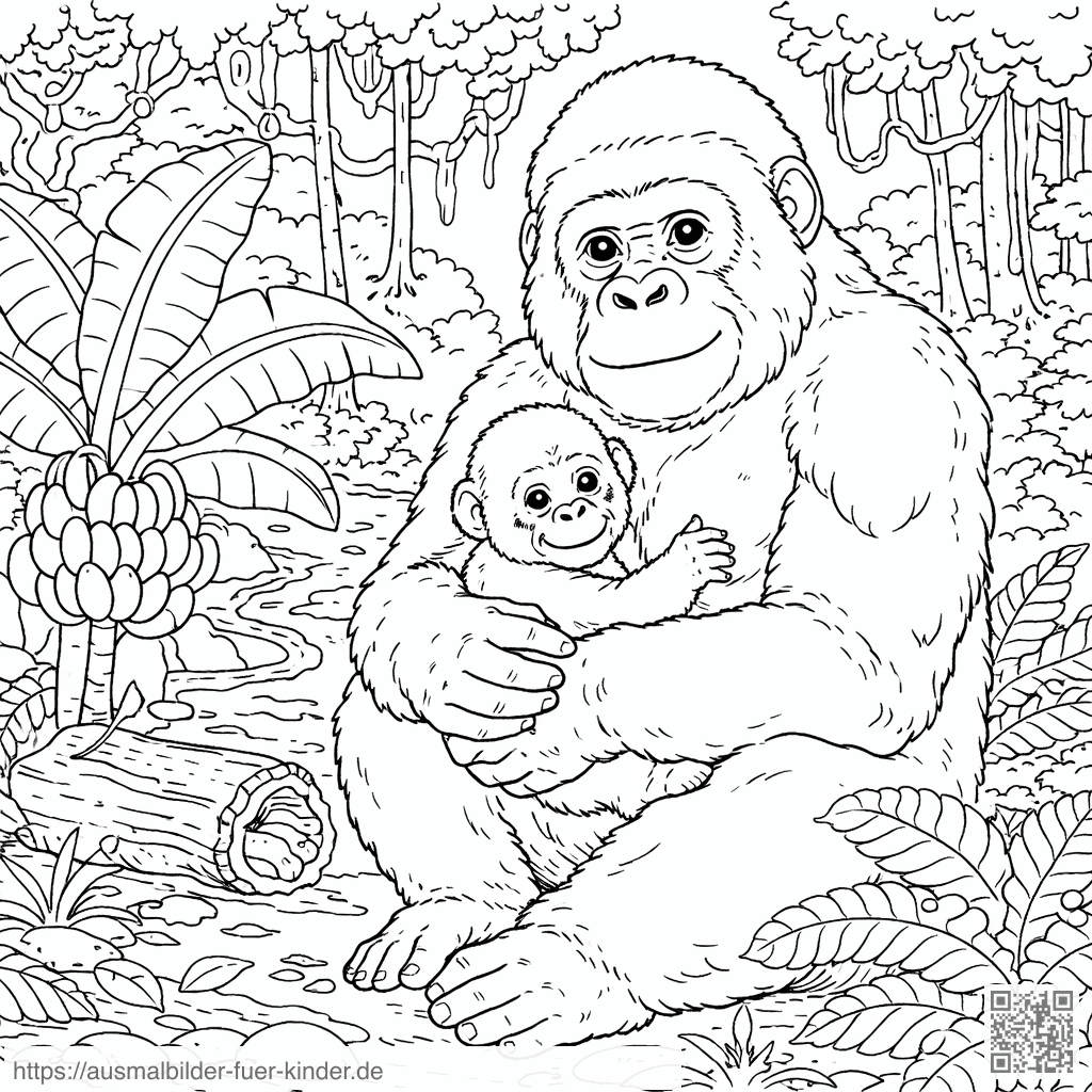 Gorilla und Junges im Dschungel - Ausmalbild