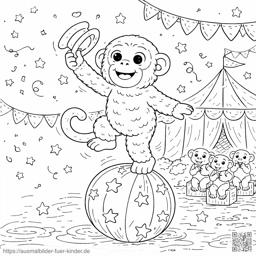 Kleines Äffchen auf dem Zirkusball - Ausmalbild