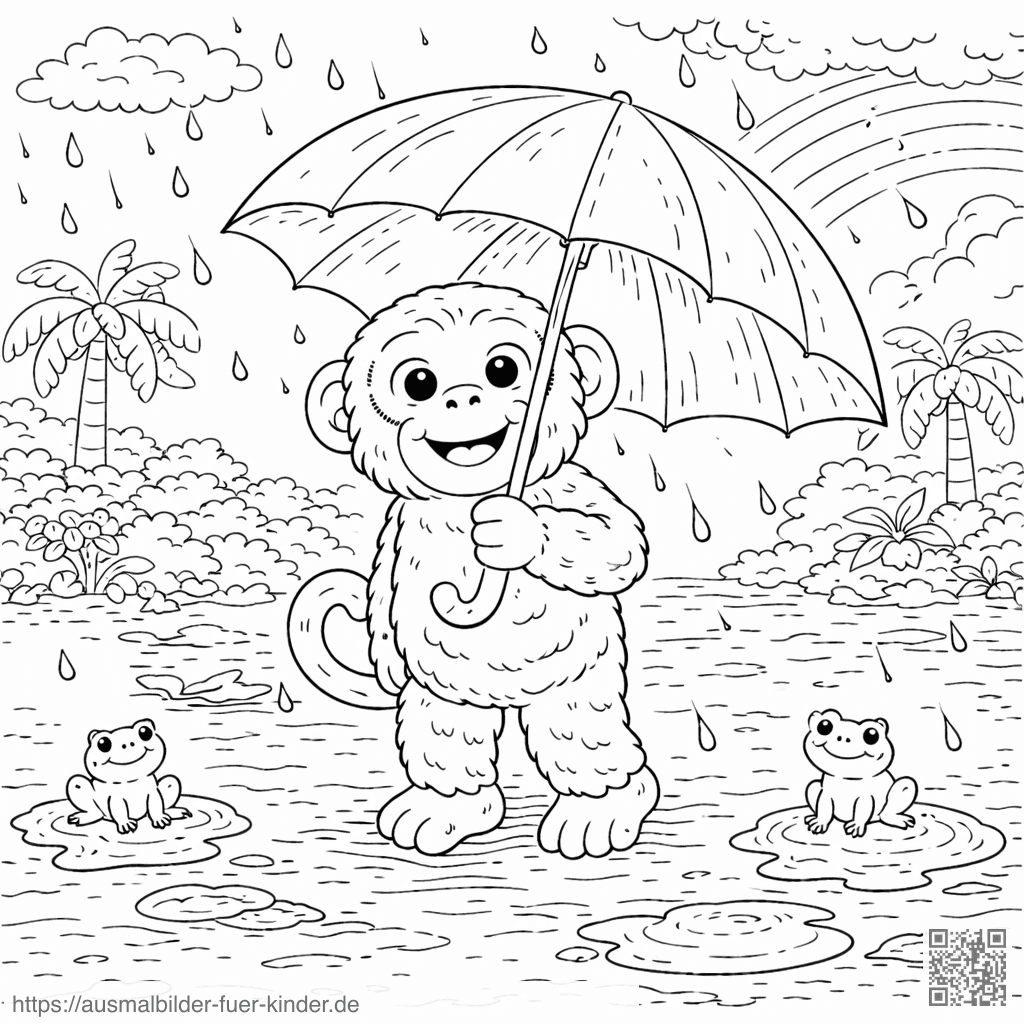 Niedlicher Affe mit Regenschirm - Ausmalbild