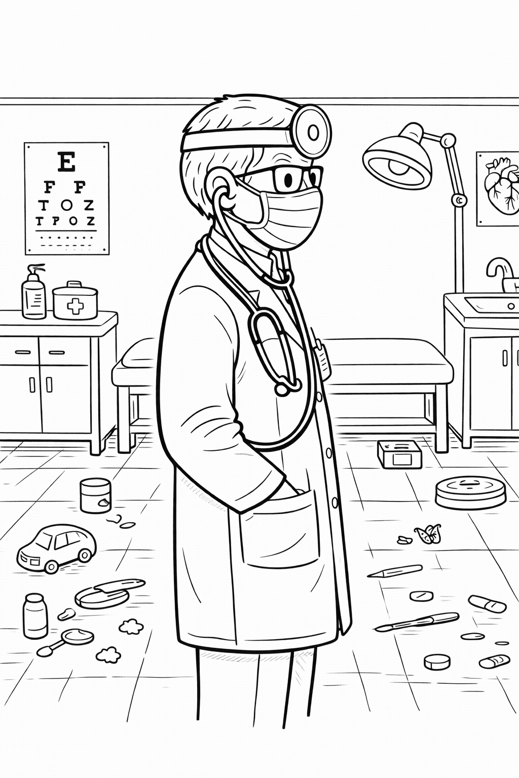 Arzt im Untersuchungsraum mit Zubehör - Ausmalbild