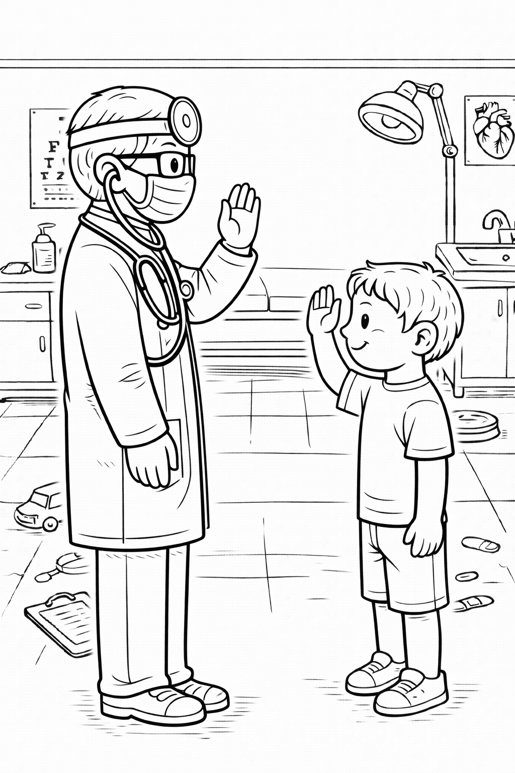 Arzt und Junge winken sich zu - Ausmalbild