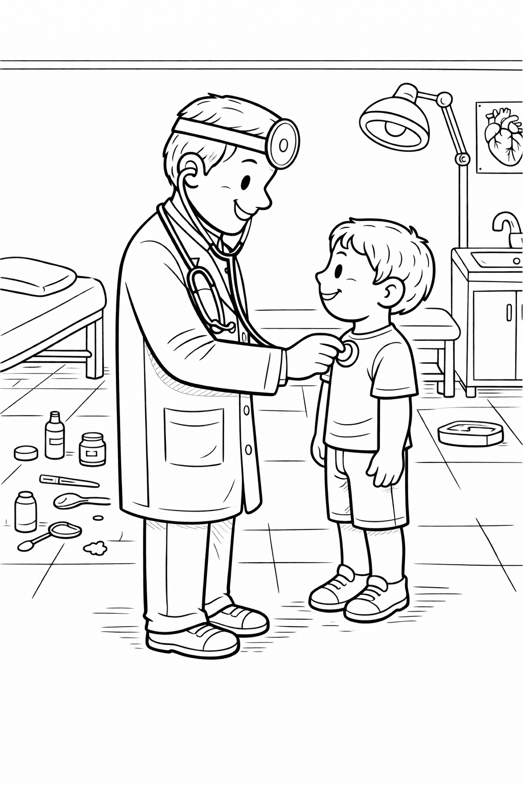 Arzt untersucht Jungen im Behandlungsraum - Ausmalbild