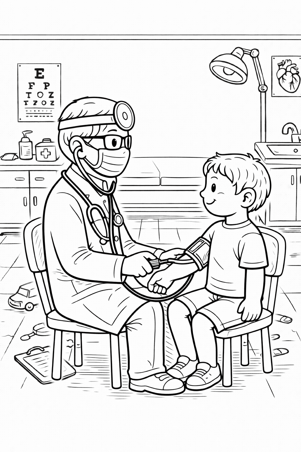 Arzt untersucht Jungen im Untersuchungsraum - Ausmalbild