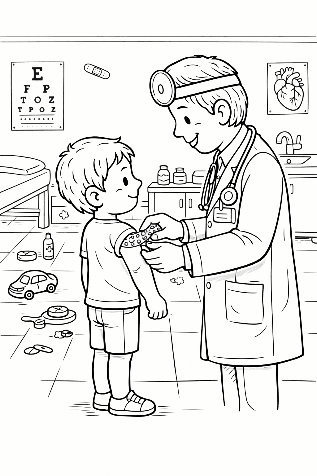 Arzt versorgt Jungen mit Pflaster - Ausmalbild