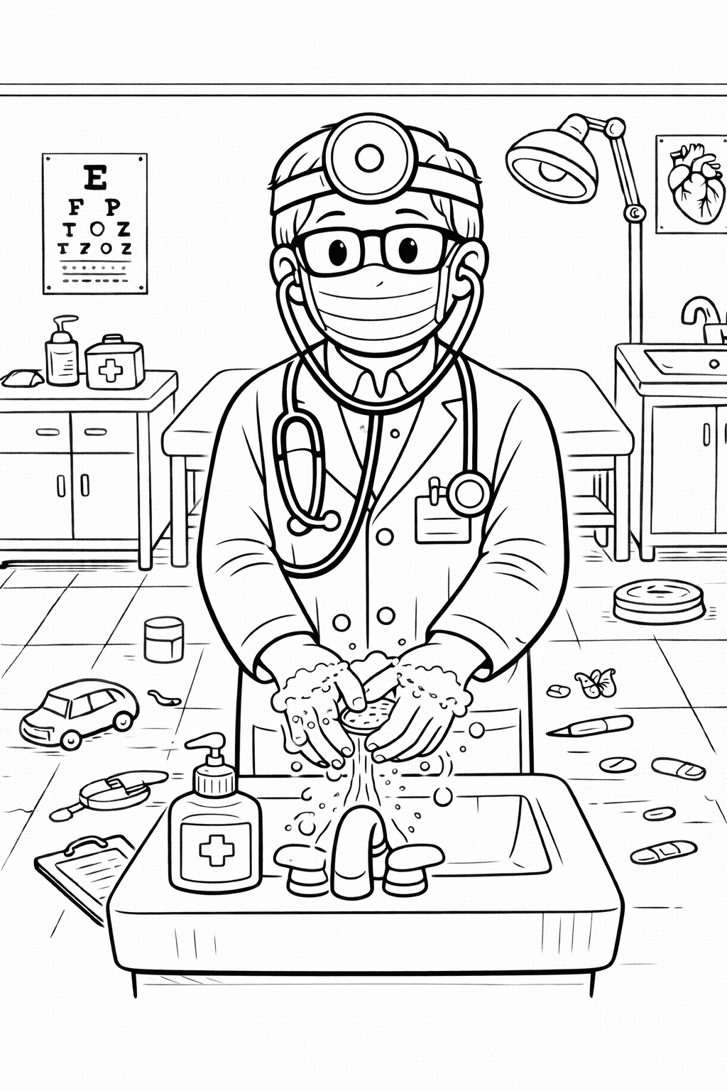 Arzt wäscht sich die Hände - Ausmalbild