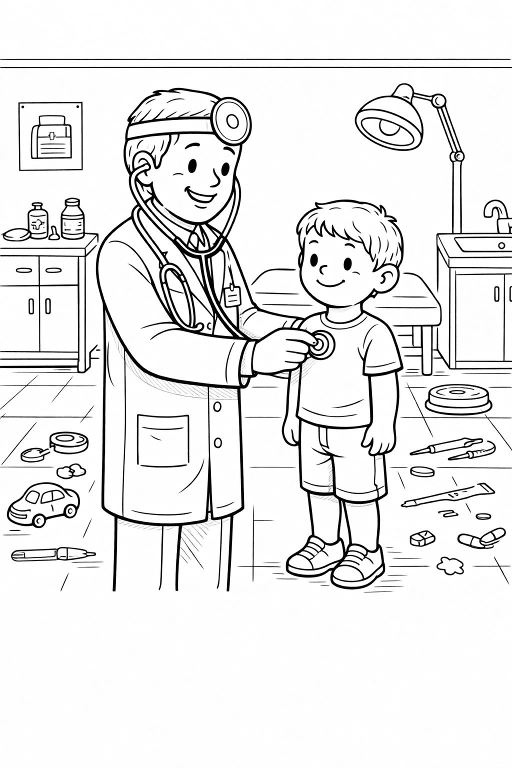 Arztbesuch im Untersuchungsraum - Ausmalbild