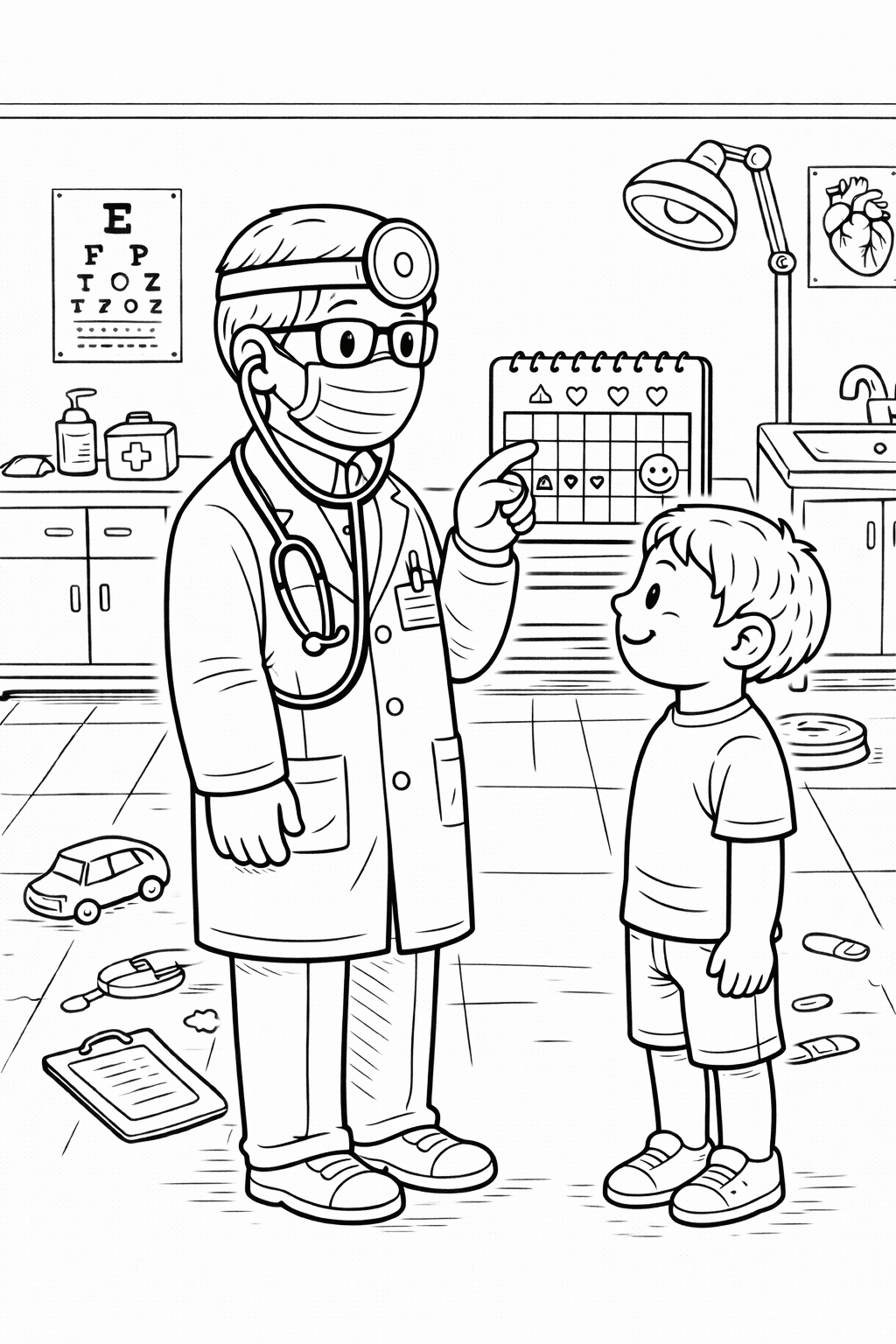 Arztbesuch mit einem fröhlichen Blick - Ausmalbild