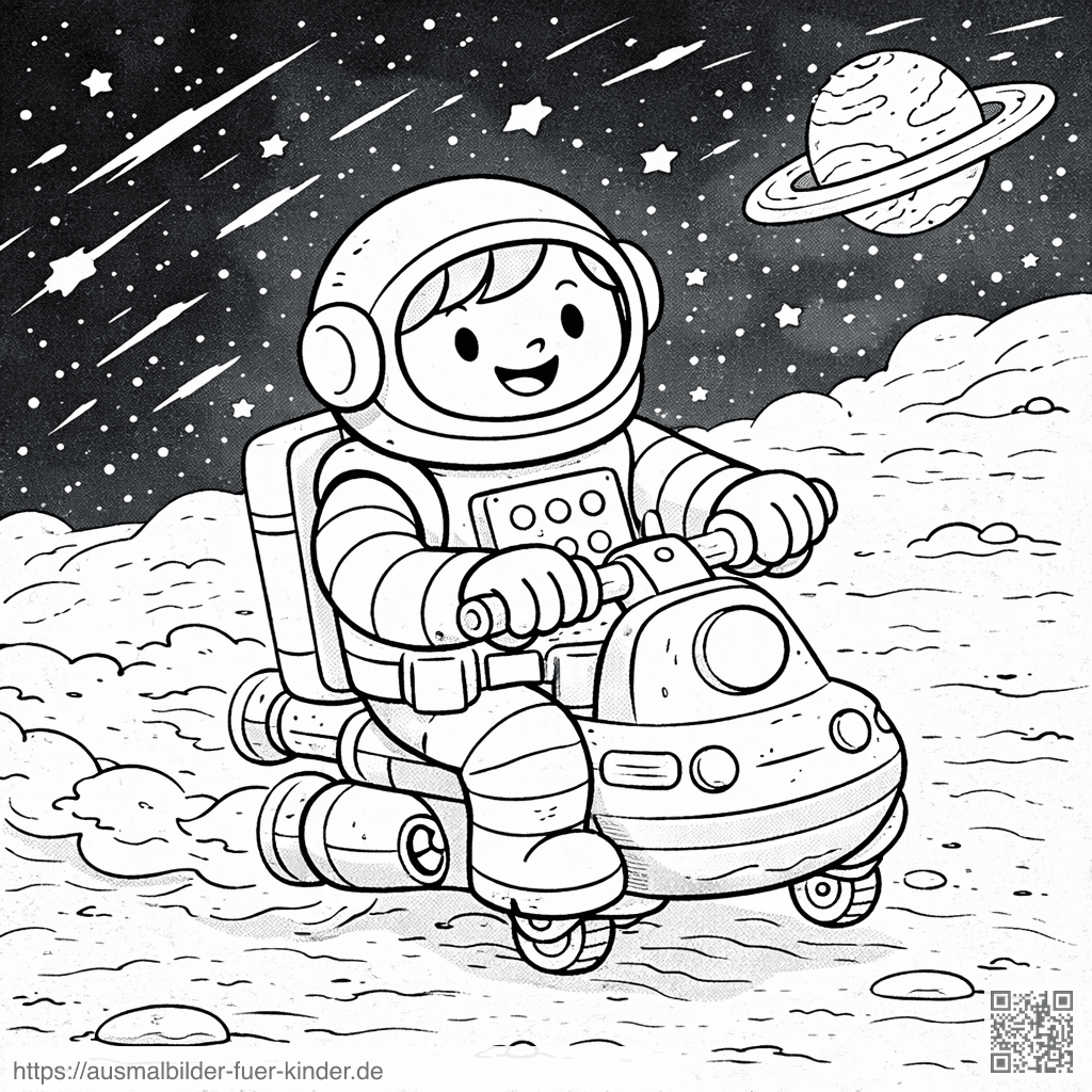 Astronaut auf Scootermission im All - Ausmalbild