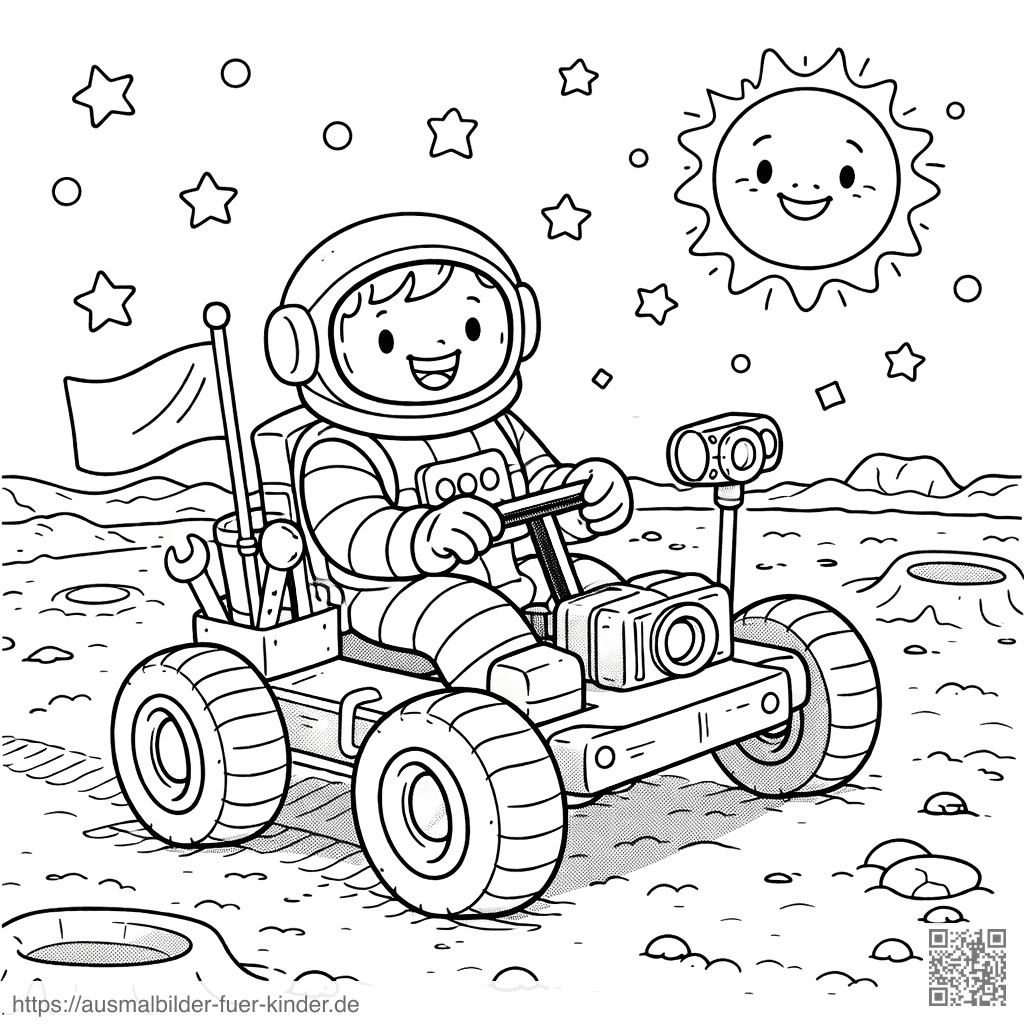Astronaut auf dem Mond mit Rover - Ausmalbild