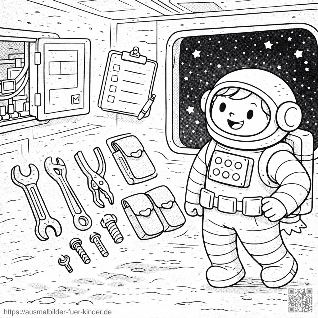 Astronaut mit Werkzeug im All - Ausmalbild