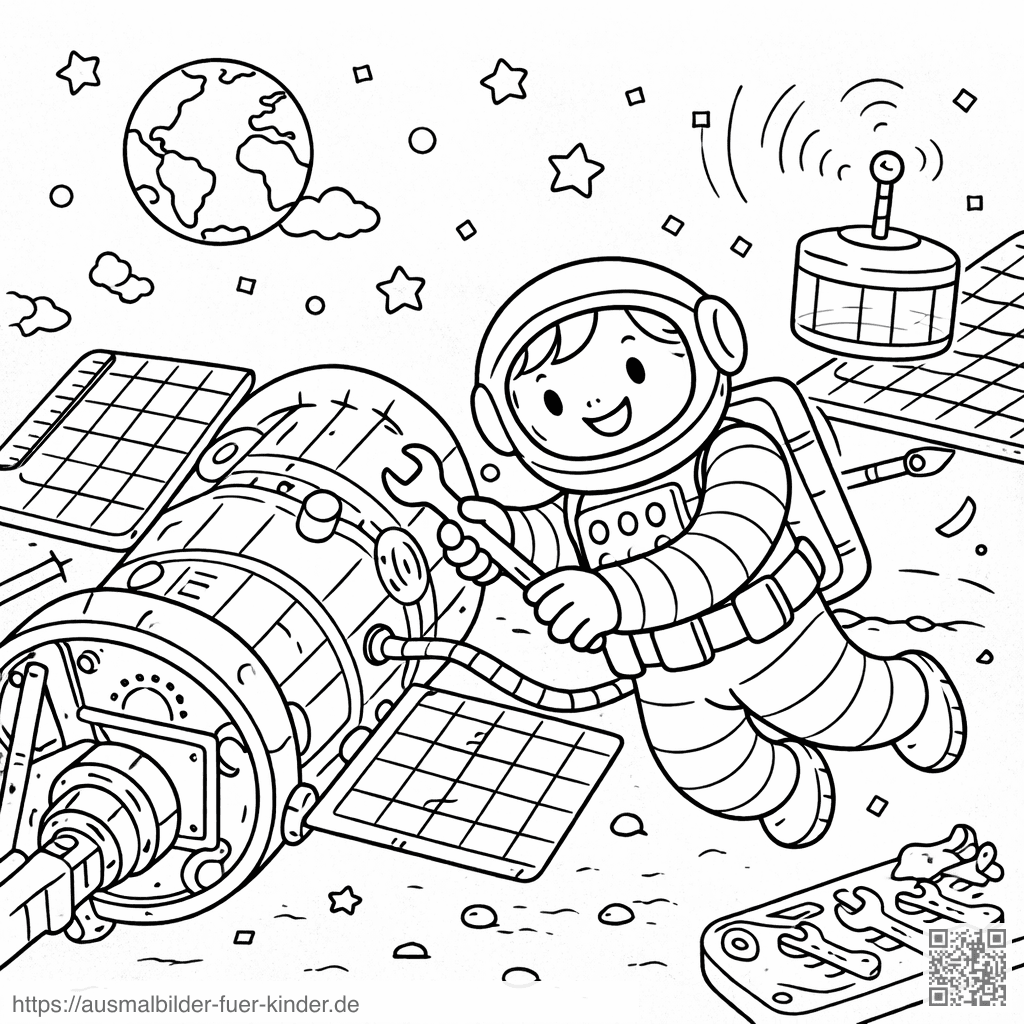 Astronaut repariert Satellit im Weltraum - Ausmalbild