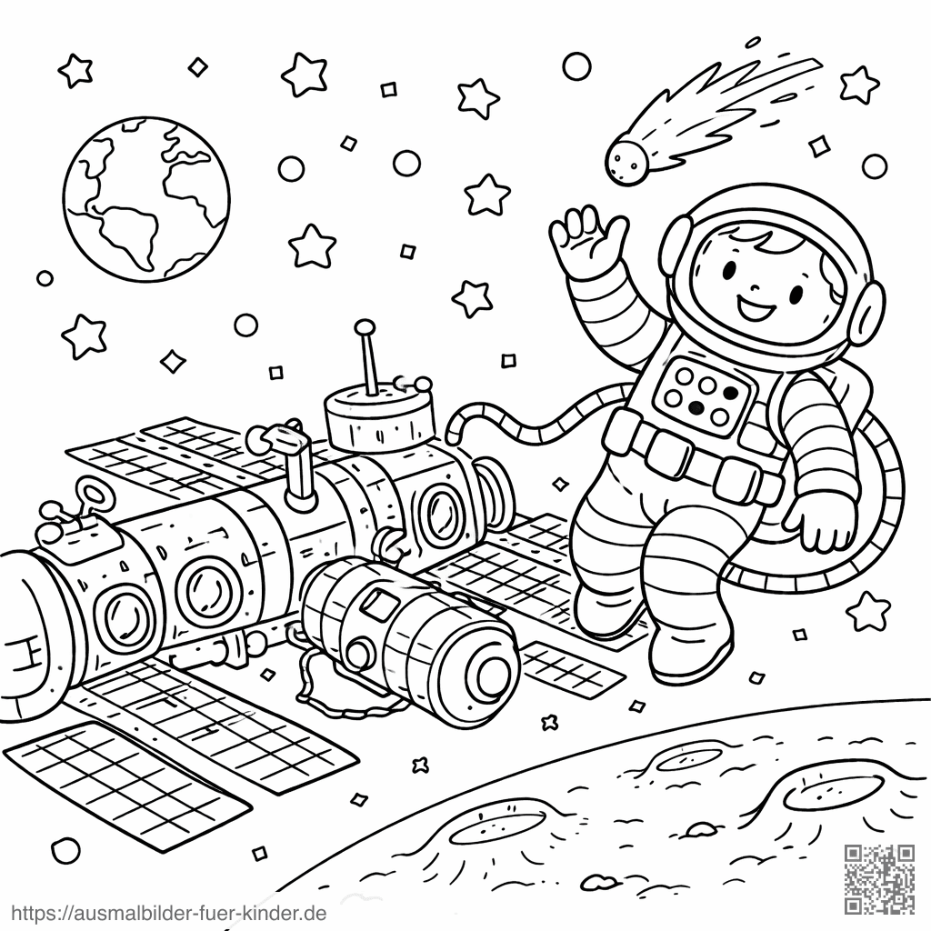 Fröhlicher Astronaut im Weltraum - Ausmalbild