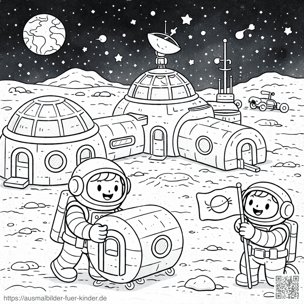 Mondbasis mit Astronauten und Rover - Ausmalbild