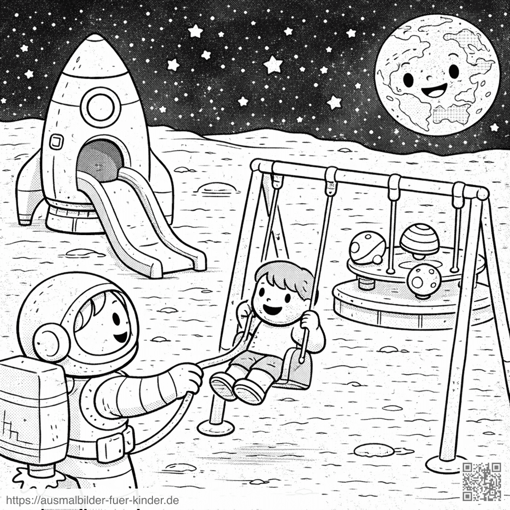 Mondspielplatz mit Astronaut und Kind - Ausmalbild