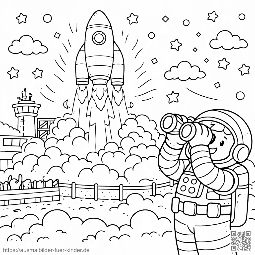Raketenstart mit aufgeregtem Astronauten - Ausmalbild