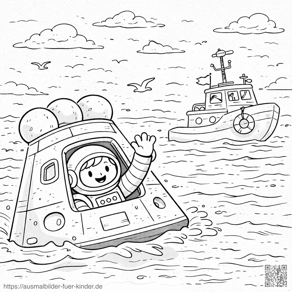 Raumkapsel auf dem Meer - Rettungsmission - Ausmalbild