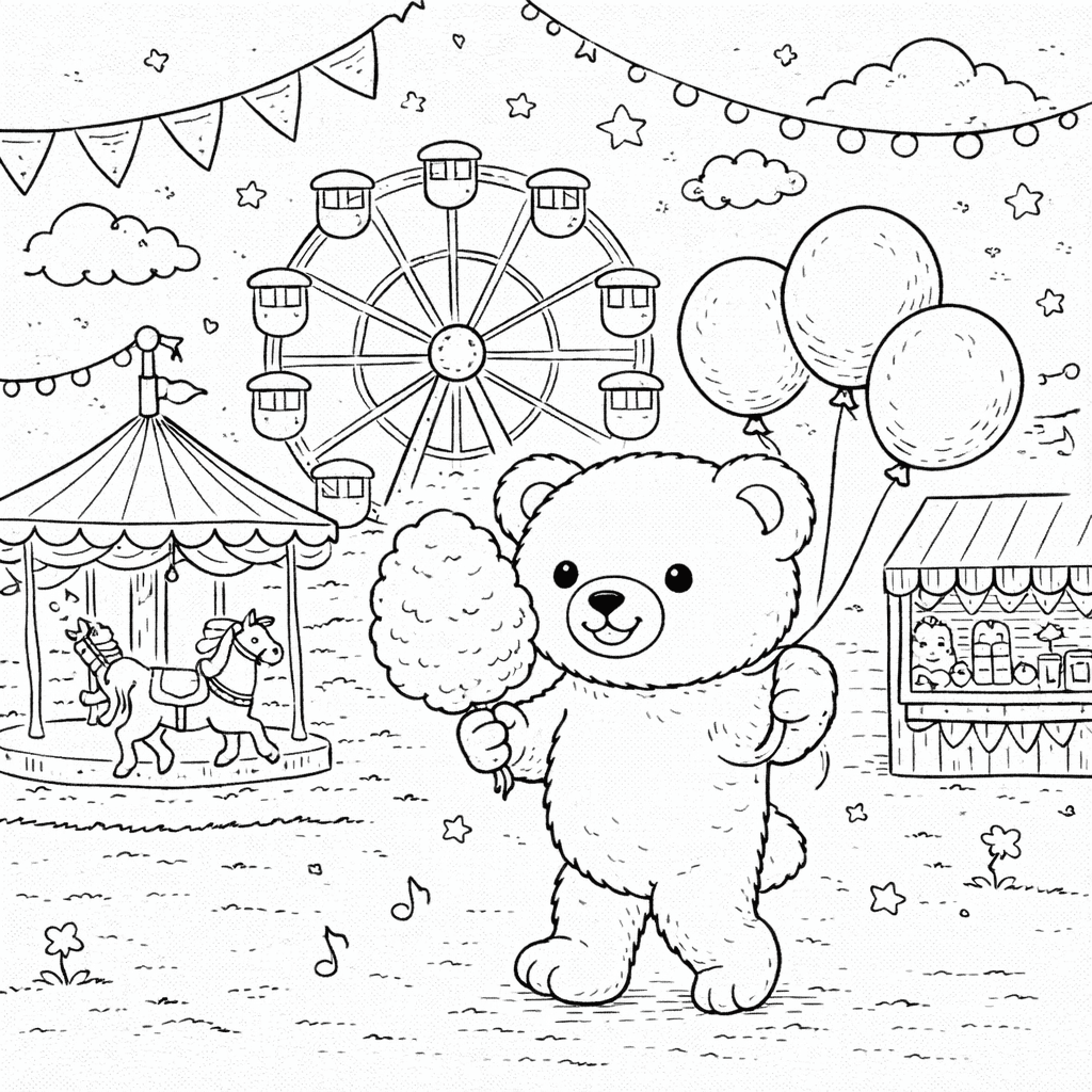 Bär auf dem Jahrmarkt mit Ballons - Ausmalbild