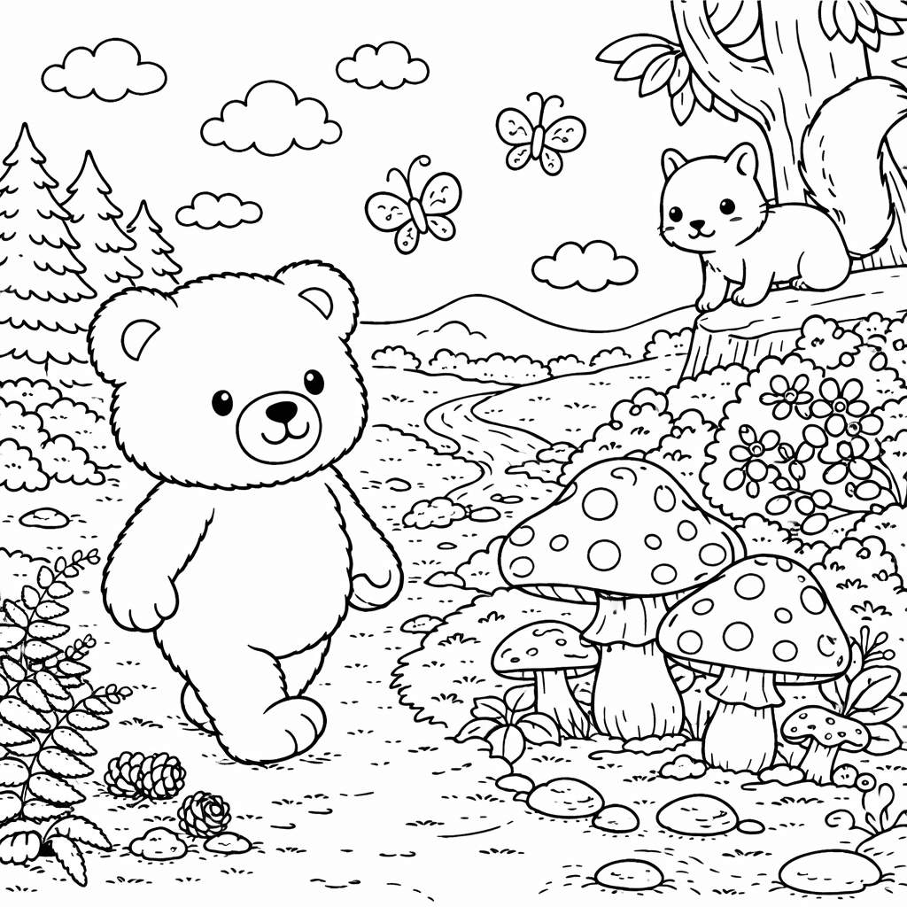 Bär auf einem Waldweg - Ausmalbild