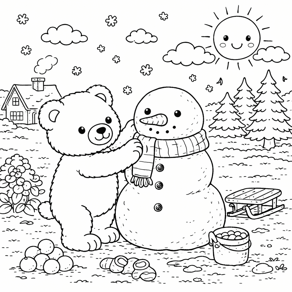 Bär baut Schneemann im Wintergarten - Ausmalbild