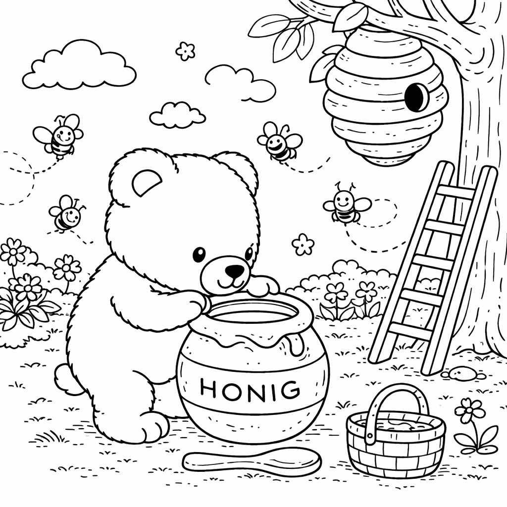 Bär entdeckt den Honigtopf - Ausmalbild