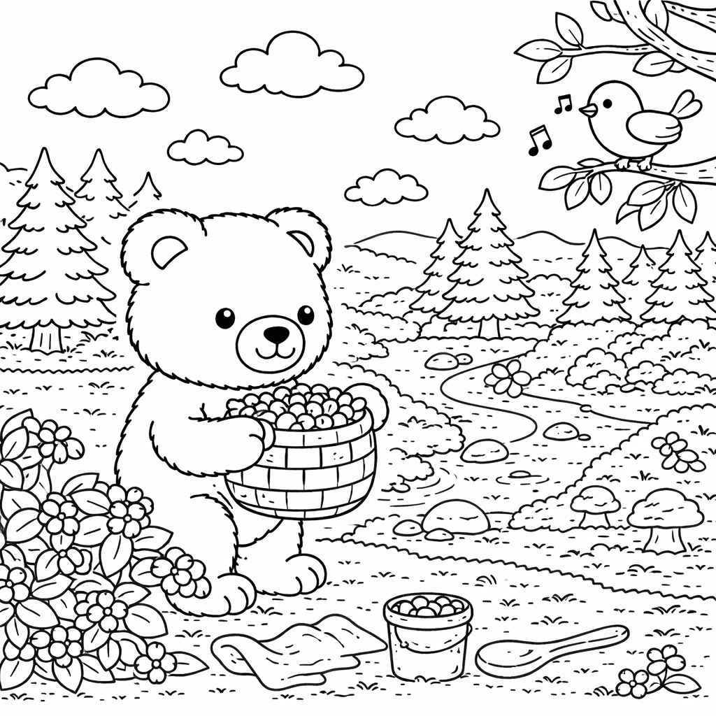 Bär sammelt Beeren im Wald - Ausmalbild
