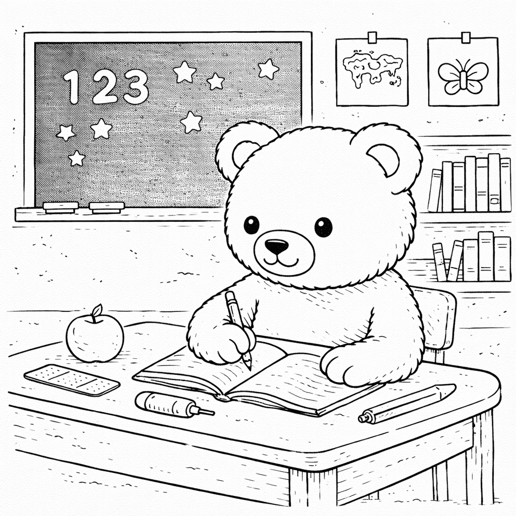Bär schreibt im Klassenzimmer - Ausmalbild