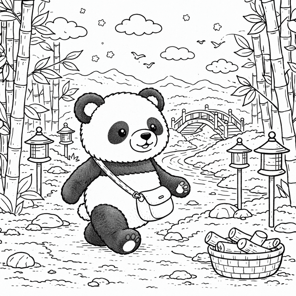 Panda im Bambuswald mit Laternen - Ausmalbild