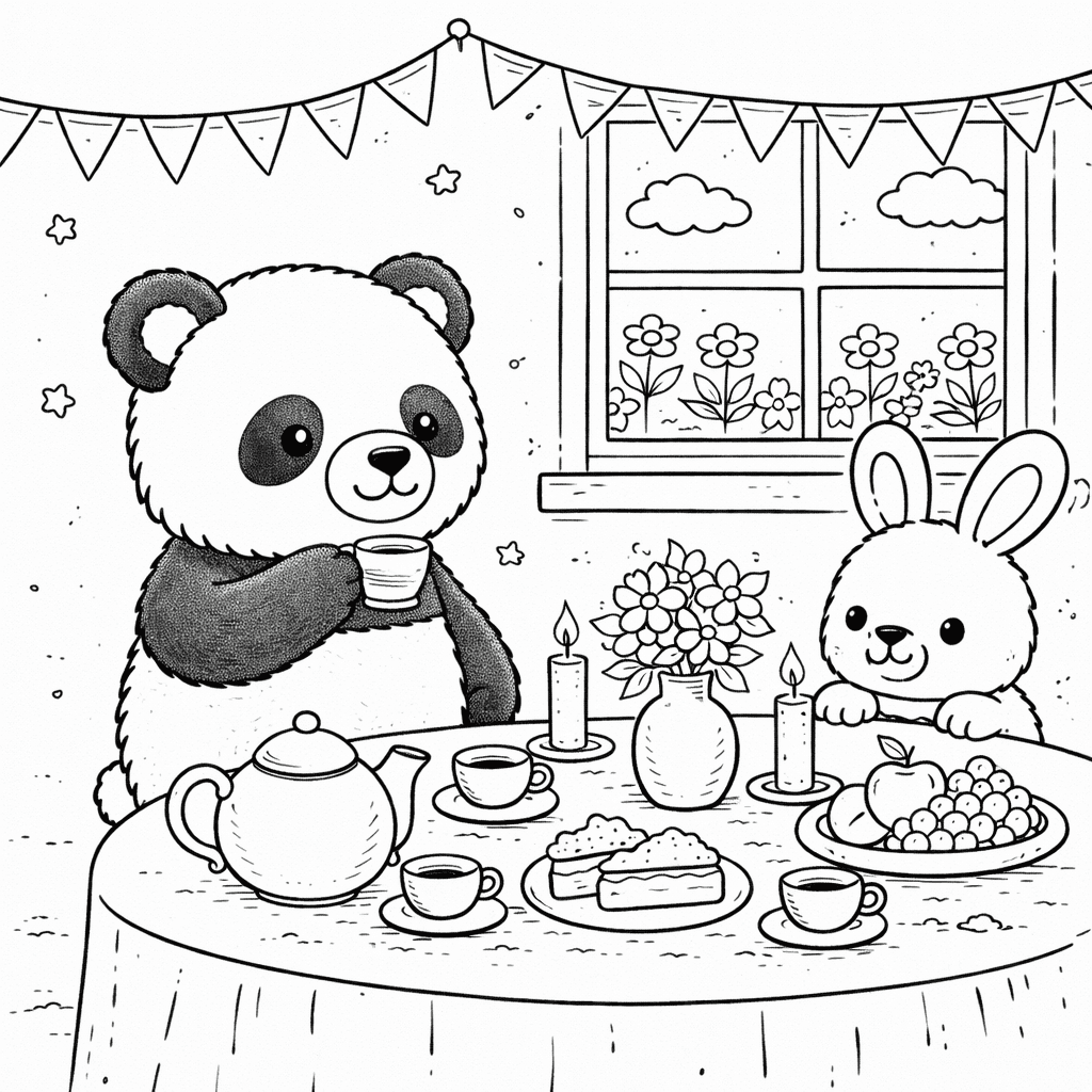 Panda und Hase beim Teekränzchen - Ausmalbild