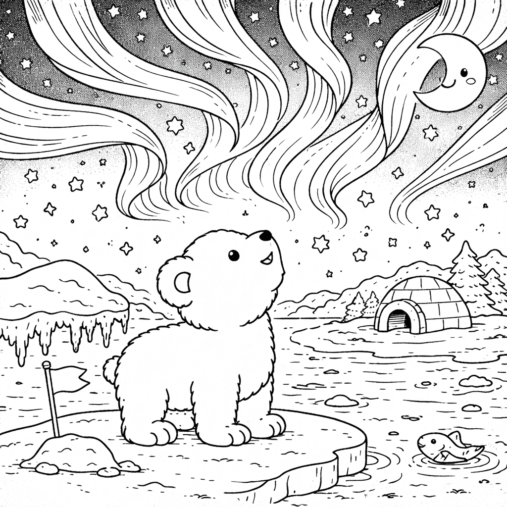 Polarbär unter dem Nordlicht - Ausmalbild
