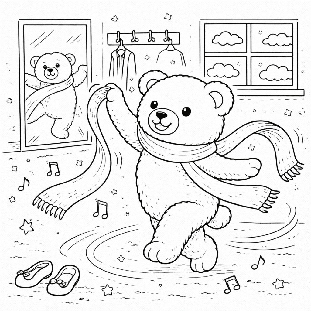 Tanzbär mit Schal und Sternen - Ausmalbild