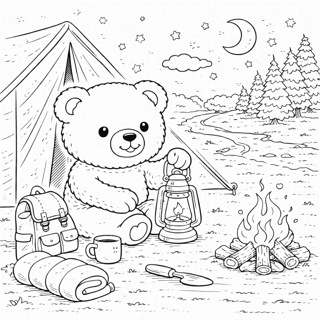Teddybär im Campingabenteuer - Ausmalbild