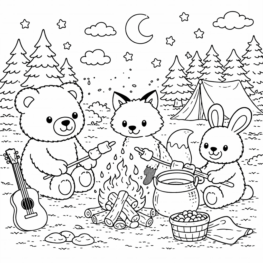 Teddy, Fuchs und Hase am Lagerfeuer - Ausmalbild