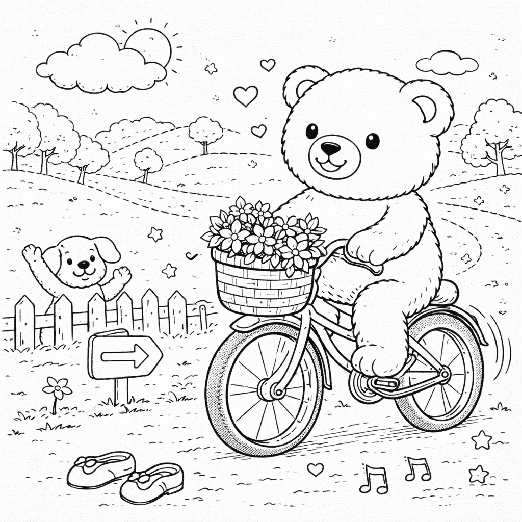 Teddybär auf Fahrradtour mit Hund - Ausmalbild
