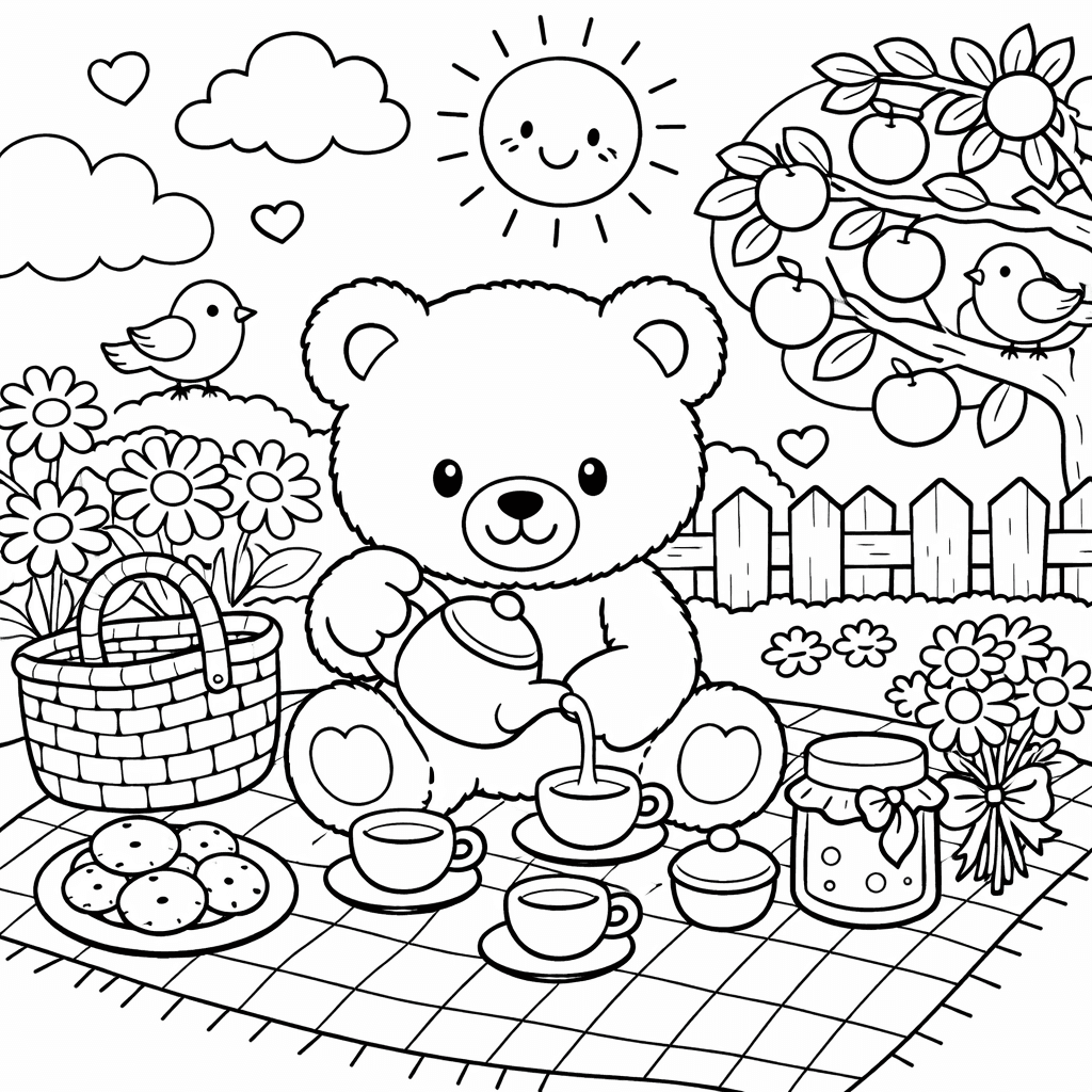 Teddybär beim Picknick im Garten - Ausmalbild