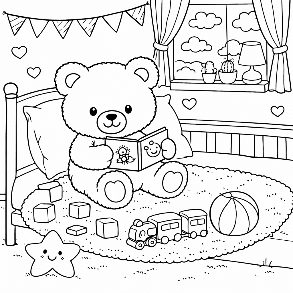 Teddybär liest im Kinderzimmer - Ausmalbild