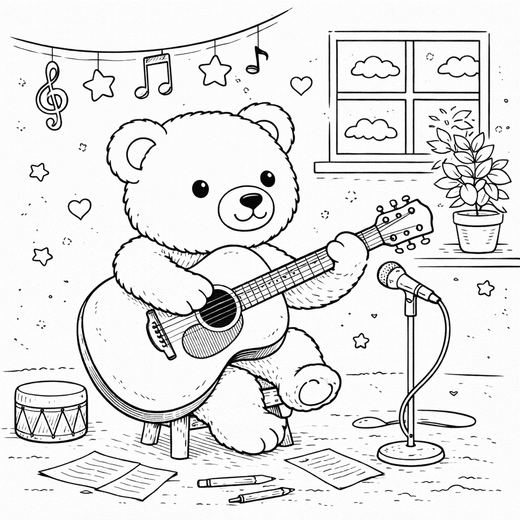 Teddybär spielt Gitarre - Ausmalbild